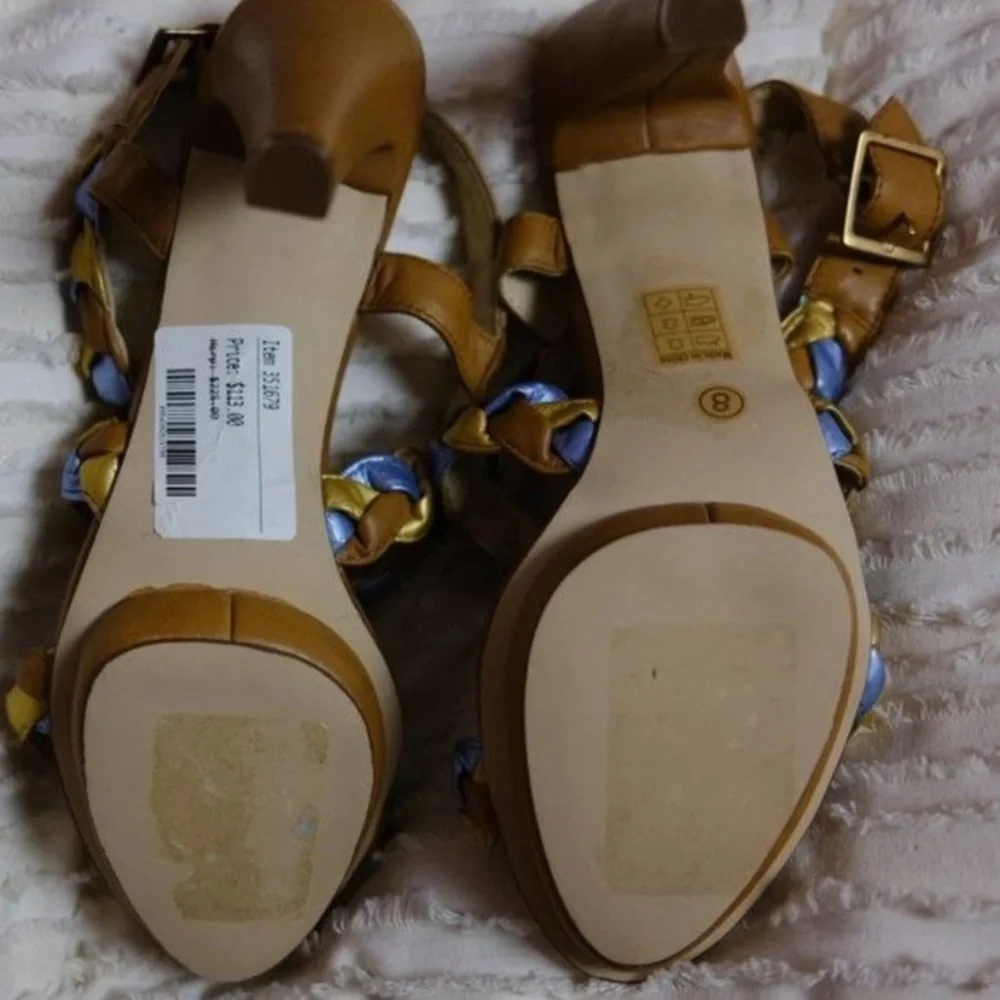Farylrobin Tan and Gold Braided Heels